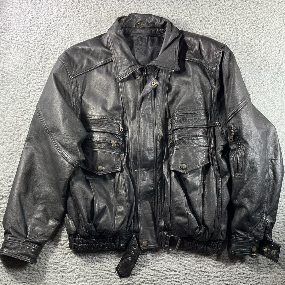 Vintage Y2K Black Genuine Leather Multi Pocket Moto Motorcycle Jacket Medium